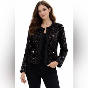 NWT Nanette Lepore Black Sequin Jacket Pearl Button
Trim
